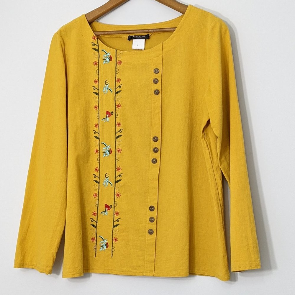 Mustard Yellow Linen Embroidered Top, long sleeve